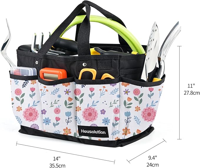 Housolution Gardening Tote Bag, Deluxe Garden Tool Storage Bag and Home Organizer with Pockets, Wear-Resistant & Reusable, 14 Inch, White Floral