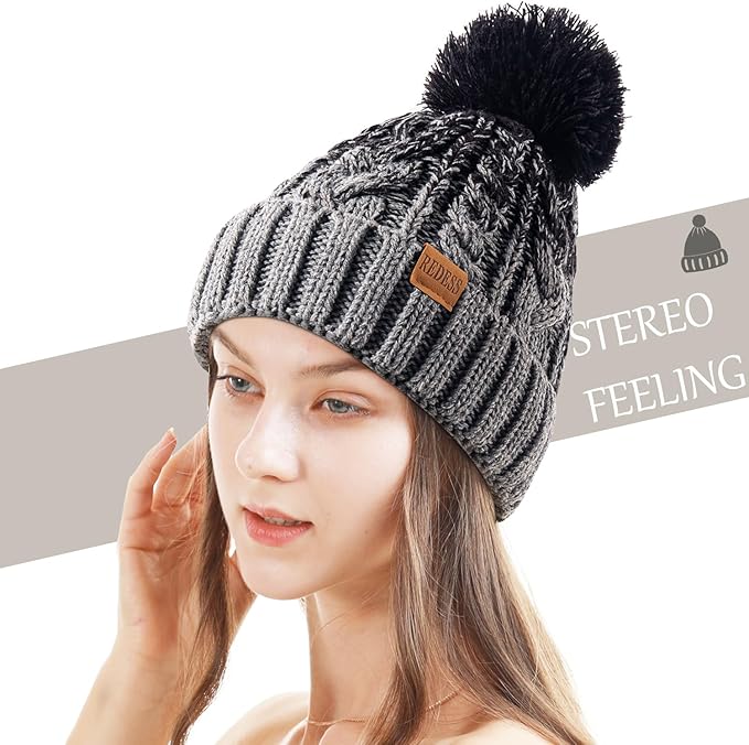 REDESS Women Winter Pompom Beanie Hat with Warm Fleece Lined, Thick Slouchy Snow Knit Skull Ski Cap