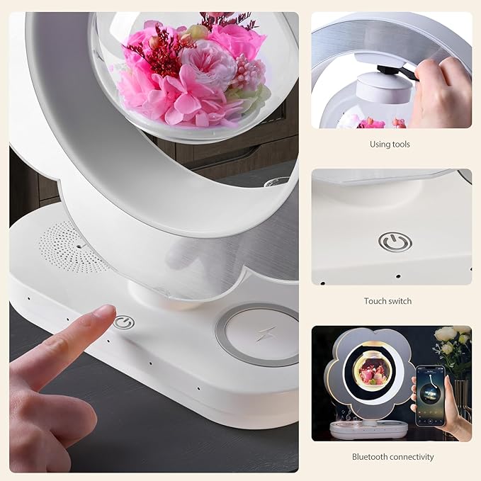 LoveLin Floral Preserved Rose Flowers with Bluetooth Speakers, 5W Magnetic Levitation Table Lamp with Variable Color LED Light, Unique Forever Flower Gift for Women, Girls, Mother and Grandma