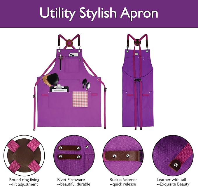 5 Pack Kitchen Apron, Work Apron, Canvas, Multiple Pockets, Gardening, Painting, BBQ, Artist, Carpenter, Sizes M to XXL, Purple