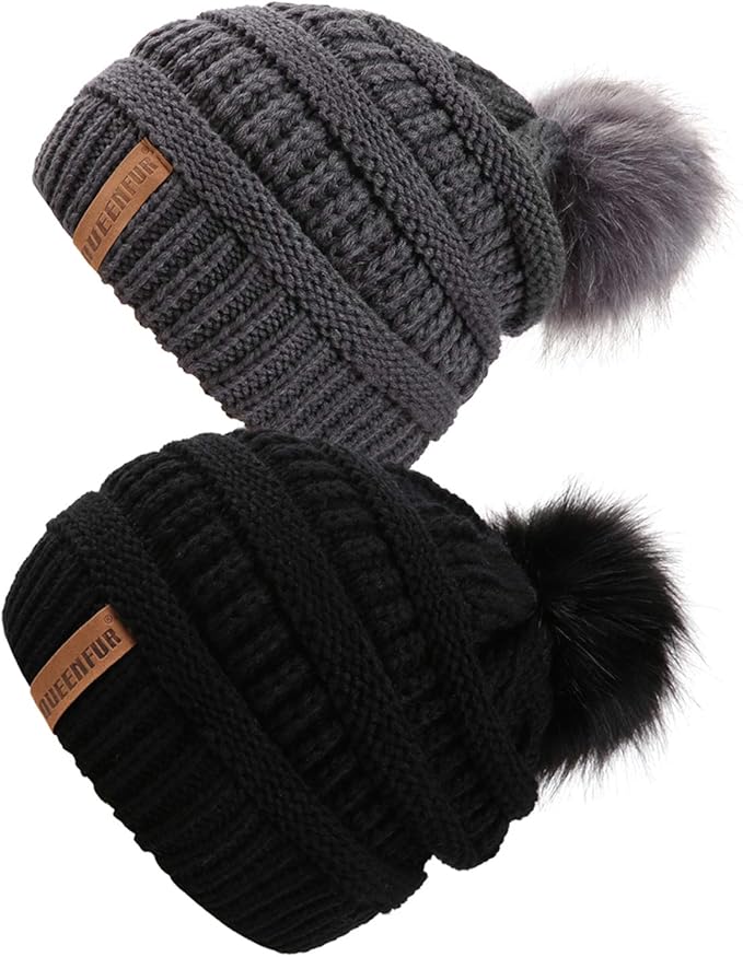 QUEENFUR Women Knit Slouchy Beanie Chunky Baggy Hat with Faux Fur Pompom Winter Soft Warm Ski Cap