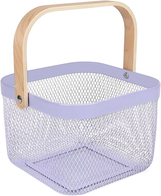 Metal Mesh Steel Basket, Storage Organizer Basket Multi-functional Hanging Kitchen Baskets Fruit Basket Bin with Bamboo Handle for Kitchen Bathroom Picnic Shopping Decor Cabinet Home, Purple