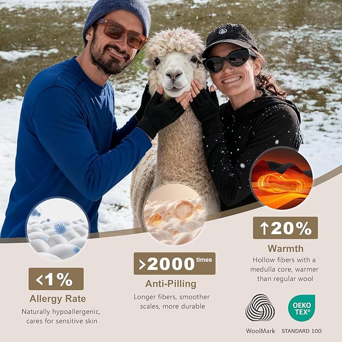 Rahhint Alpaca Wool Fingerless Gloves for Men Women Double-Layer Winter Gloves Warm Windproof Knitted for Typing Driving