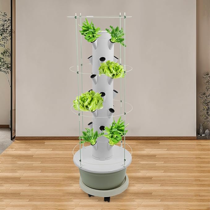 Hydroponic Growing Tower with Climbing Trellis, 30L Water Tank & Automatic Timer, Indoor Outdoor Vertical Garden System for Vegetables Herbs Strawberries (Light Green - 28 Holes)