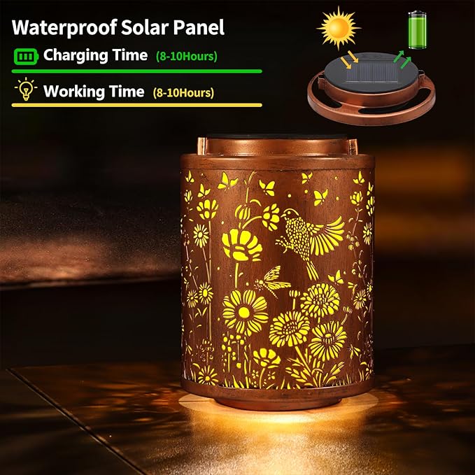 Solar Lanterns Garden Decor Birthday Gifts for Women Mon Grandma Metal Hanging Solar Lights Waterproof Outdoor Decoration for Outside LED Lanterns for Yard Patio Lawn (Birds)