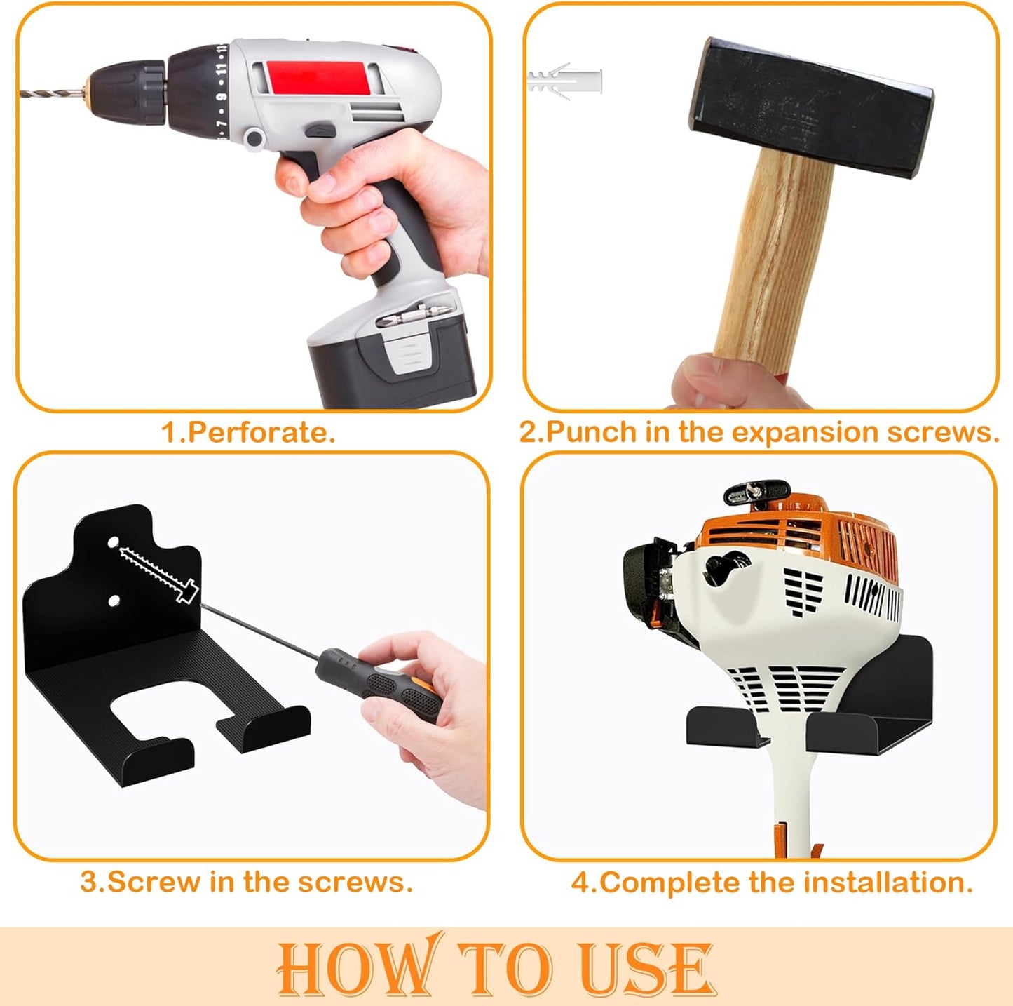 Garage Organizer Trimmer Rack, Wall Mounted Tool Hanger for Grass Trimmer, Hedge Trimmer, Weed Whackers & Garden Tools – Heavy Duty, Space-Saving, Anti-Rust Storage Rack for Garage & Home,4 PCS