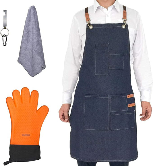 Grilling Apron Set Include 1 BBQ Glove,1 Bottle Opener,1 Towel and 1 Demin Apron for Chef Kitchen BBQ Grill, Nice Fathers Day or Dad Birthdays Gifts