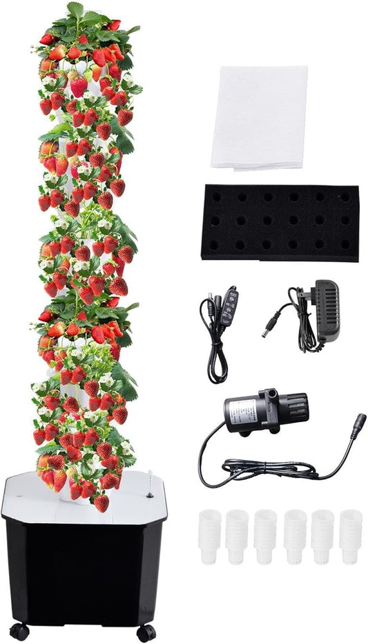 10 Tier 50 Plant Sites Hydroponics Garden Tower Soilless Planting Kit – Indoor Outdoor Vertical HerbVegetable Garden System with Large Reservoir and Automatic Water Pump Timer for Lettuce Fruits