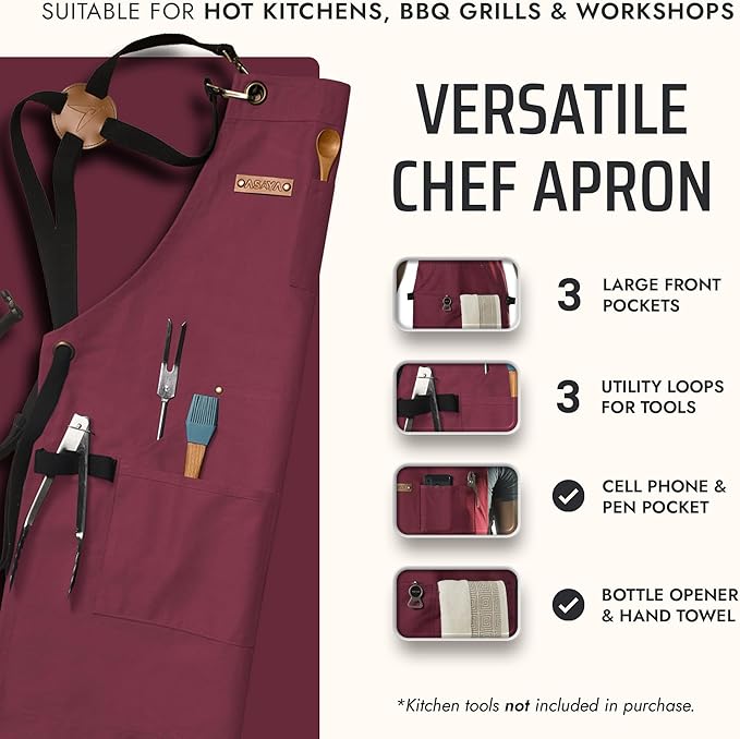 Asaya Chef and BBQ Apron with Bottle Opener and Hand Towel - 10oz Cotton Canvas, Stainless Steel Hardware - Cross Back Straps