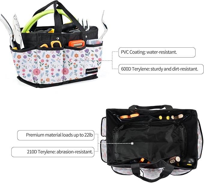 Housolution Gardening Tote Bag, Deluxe Garden Tool Storage Bag and Home Organizer with Pockets, Wear-Resistant & Reusable, 14 Inch, White Floral