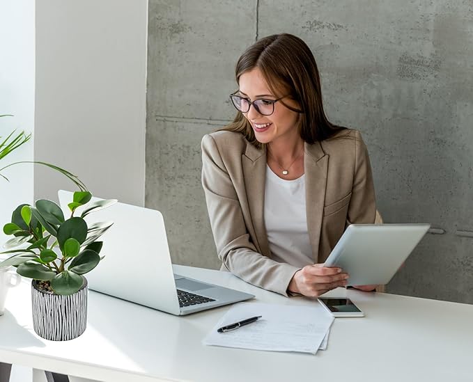 AlphaAcc Fake Plants Real Looking Greenery Artificial Plants Indoor Potted Plant with Rustic Black Clay Planter for Farmhouse Bathroom Bedroom Kitchen Office Table Decor 8"