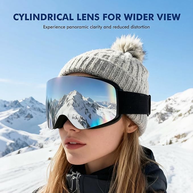 Cylindrical Ski Goggles, OTG Snowboard Goggles for Men & Women, Anti-Fog & 100% UV400 Protection Snow Goggles for Skiing & Snowboarding