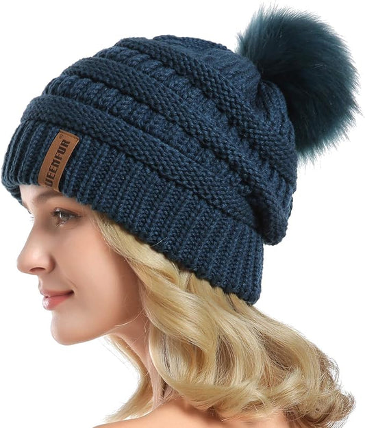 QUEENFUR Women Knit Slouchy Beanie Chunky Baggy Hat with Faux Fur Pompom Winter Soft Warm Ski Cap