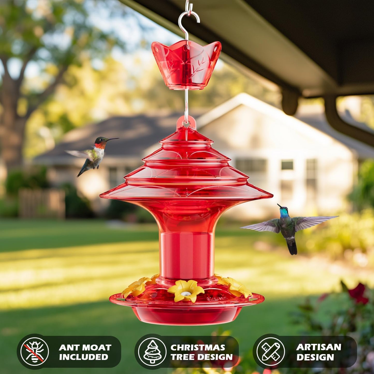 Birdream Hummingbird Feeder for Outdoors Hanging 40oz 10 Feeding Ports, 2 Pack Humming Bird Feeder with Ant Moat Brush Leak Proof - Solid Red