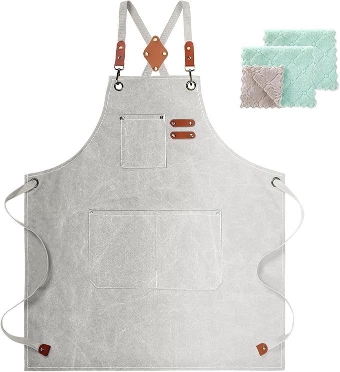 ZOMAO White Chef Aprons for Men Women with Large Pockets,Cotton Canvas Cross Back Apron,Kitchen Cooking Baking Bib Heavy Duty Adjustable Work Apron
