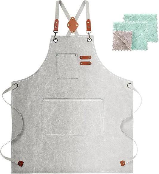 ZOMAO White Chef Aprons for Men Women with Large Pockets,Cotton Canvas Cross Back Apron,Kitchen Cooking Baking Bib Heavy Duty Adjustable Work Apron