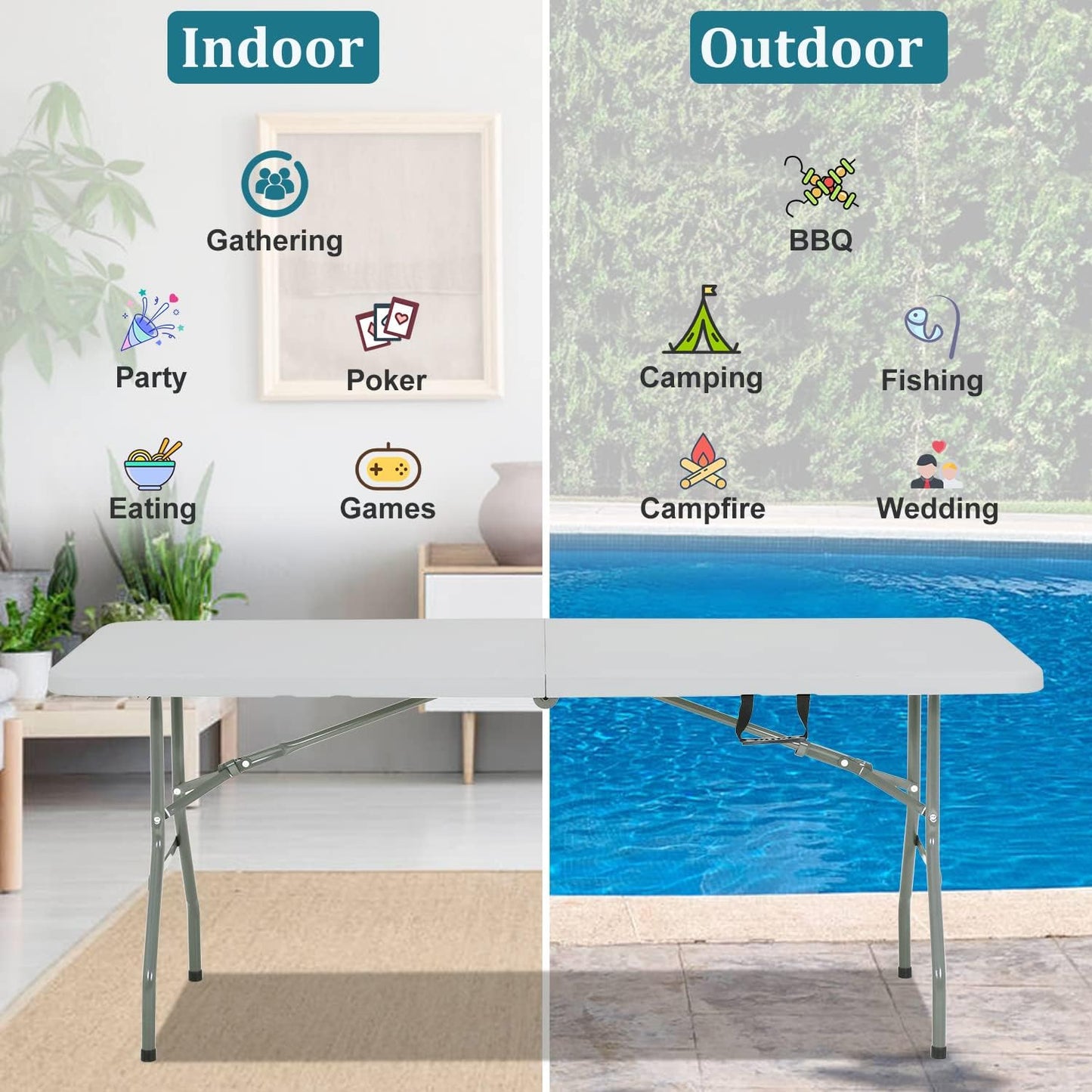 6FT Folding Table, Heavy Duty Plastic Table Portable Fold-in-Half Utility Table Indoor Outdoor Picnic Table w/Handle & Lock for Camping BBQ Party Wedding Market Events, 500LBS