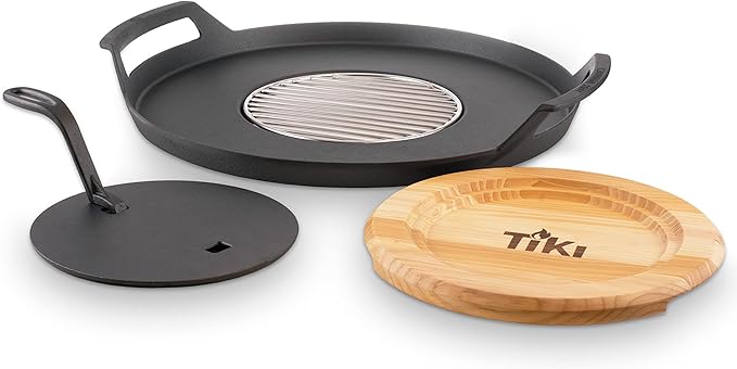 TIKI Fire Pit Griddle & Grill Combo – Cast Iron Cooking Surface for 16"-21" Smokeless Fire Pits – Outdoor BBQ Griddle for Camping & Patio – Includes Trivet & Heat-Resistant Gloves, Black