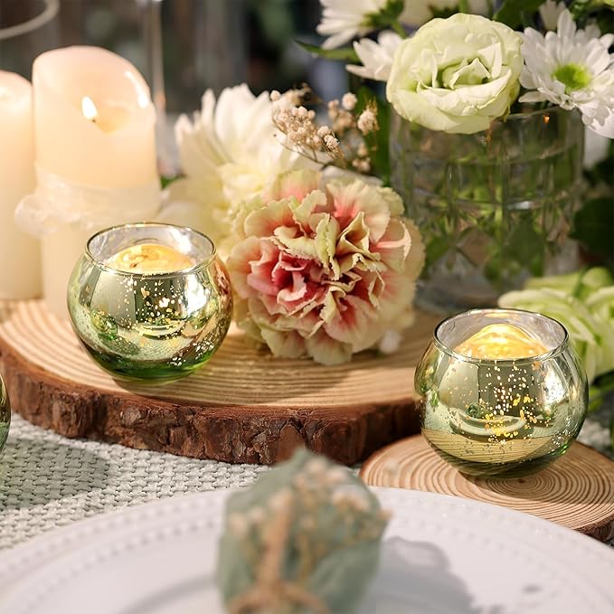Volens Round Green Votive Candle Holders Set of 12, Green Wedding Centerpiece Table Decorations, Mercury Glass Tealight Candle Holder for Bridal Shower, Baby Shower & Home Decor
