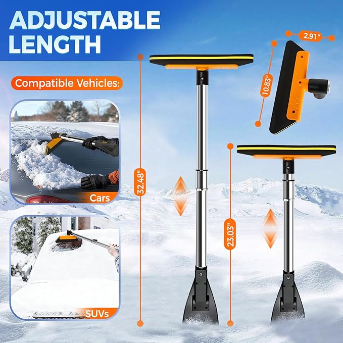 COMOWARE Telescoping 2-in-1 Snow Broom & Ice Scraper for Windshield, 32.5 in No-Scratch Snow Brush with Foam Head, Snow Remover Tool for SUV/Truck, Windows, Roof