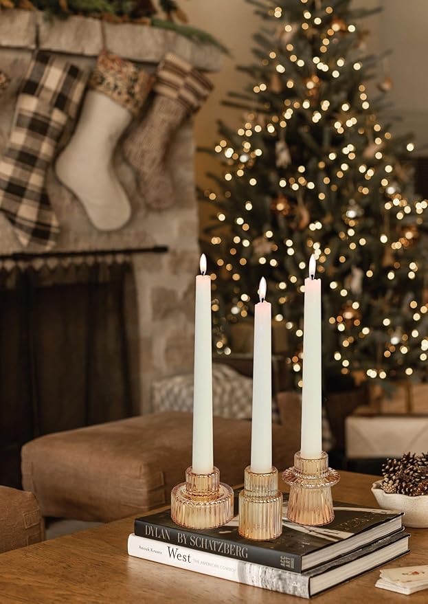 Vixdonos Taper Glass Candlestick Holders Tealight Candle Holders for Table Centerpieces, Wedding Decor and Dinner Party (3 Pcs, Gold)