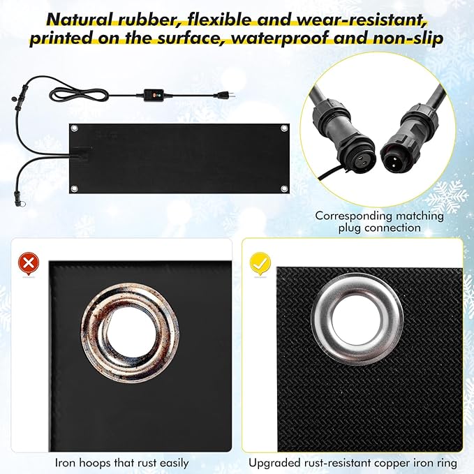 Timgle 3 Pcs Heated Snow Melting Mats, 10 x 30 Inch Non Slip Heated Rubber Mats for Walkways, Snow Ice Melting Pads Connection with 6 ft Power Cord for Winter Outdoor Stairs Doorway Walkway Sidewalks