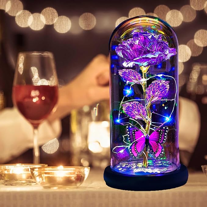 Valentines Day Gifts for Her,Valentines Day Rose Flowers Gifts for Mom Girlfriend Women Wife,Birthday Gifts for Women, Valentines for Her,Glass Flowers Light Up Rose Gifts for Mom,Purple Rose