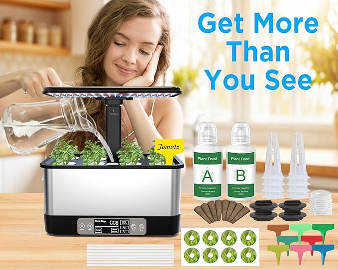 Hydroponics Growing System Indoor Garden, Smart Indoor Herb Garden with Grow Light, in Door Gardening System 8 Pods, APP & WiFi Control, Auto Timer, Quiet Pump, Stainless, Gift for Women Mom, Black