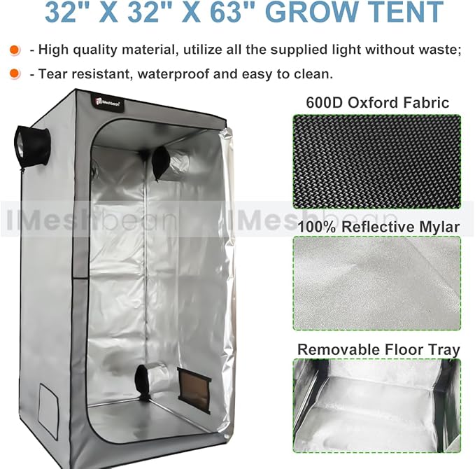 Grow Tent Kit, Complete 2.6x2.6 ft High Reflective Mylar Hydroponics Indoor Plant Growing Tent with LED Grow Light Carbon Filter Ventilaion Fan Growing System+Accesseries (32" x 32" x 63" - Gray)