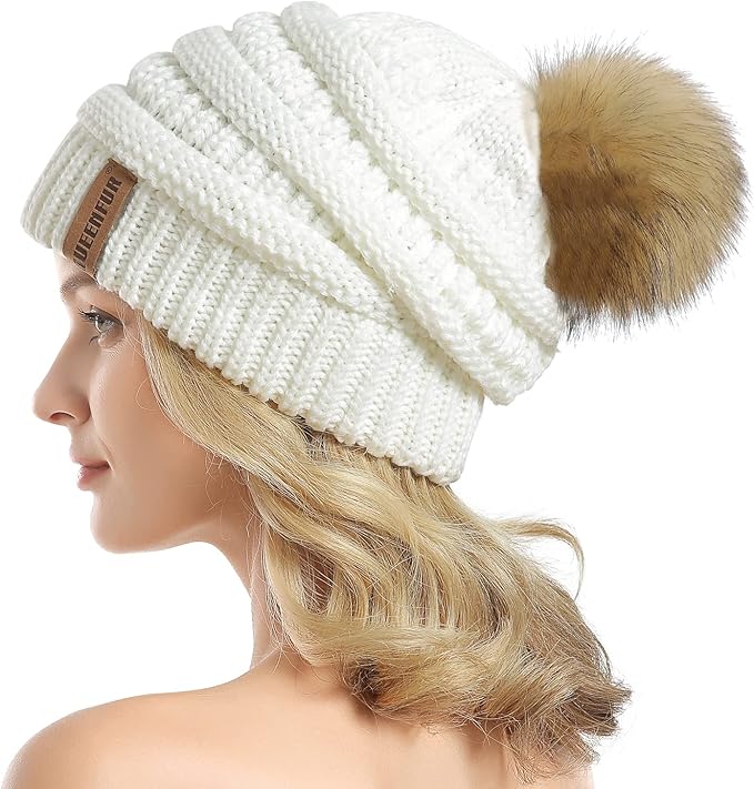 QUEENFUR Women Knit Slouchy Beanie Chunky Baggy Hat with Faux Fur Pompom Winter Soft Warm Ski Cap