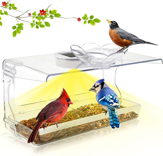 Window Bird Feeder with Non-Marking Self-Adhesive Hooks, Clear and Transparent, Outdoor Wild Bird Watching Gift, Garden Decor (with Solar Light)