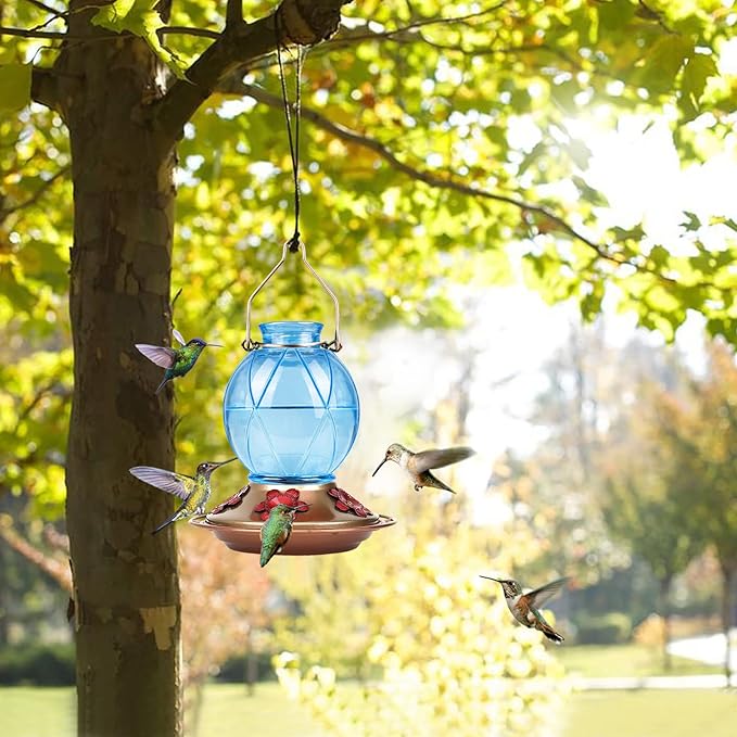 BOLITE Hummingbird Feeders for Outdoors Hanging, Glass Hummingbird Feeder, Wild Bird Feeder with Five Feeding Ports, 20 Ounces, 2 Pack, Purple and Blue, Birthday Gifts for Women Men, Gifts for Mom Dad