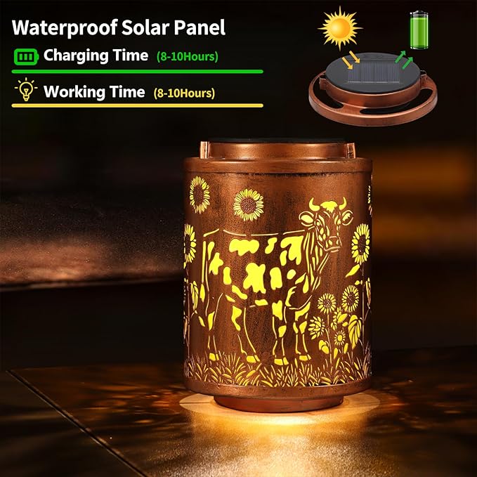 Solar Lanterns Garden Decor Birthday Gifts for Women Mon Grandma Metal Hanging Solar Lights Waterproof Outdoor Decoration for Outside LED Lanterns for Yard Patio Lawn (Cow)