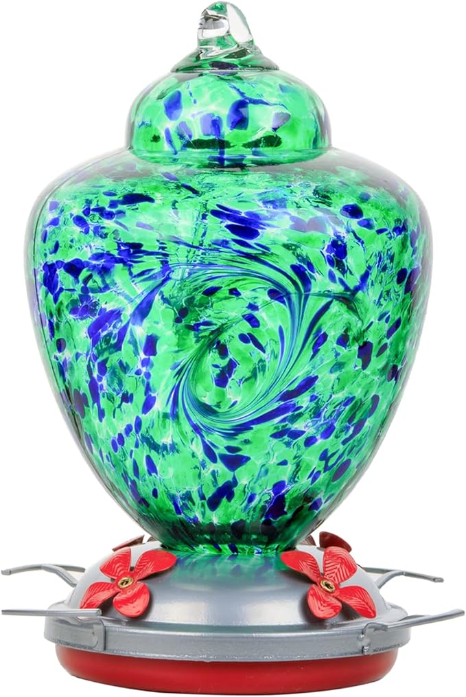 REZIPO Hummingbird Feeder with Perch - Hand Blown Glass - Green(Firework) - 38 Fluid Ounces Hummingbird Nectar Capacity Include Hanging Wires and Moat Hook, blue/Green