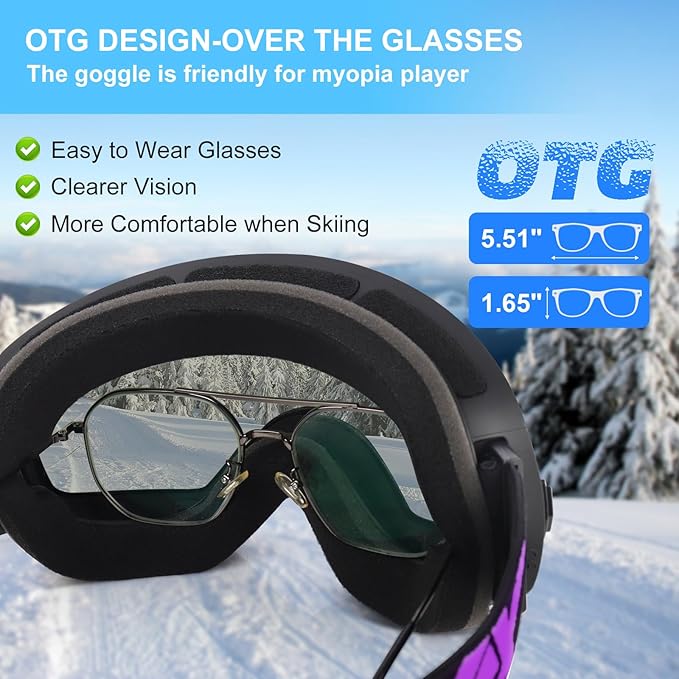 EXP VISION Snowboard Ski Goggles Men Women Youth, Anti Fog OTG Winter Snow Goggles Spherical Detachable Lens