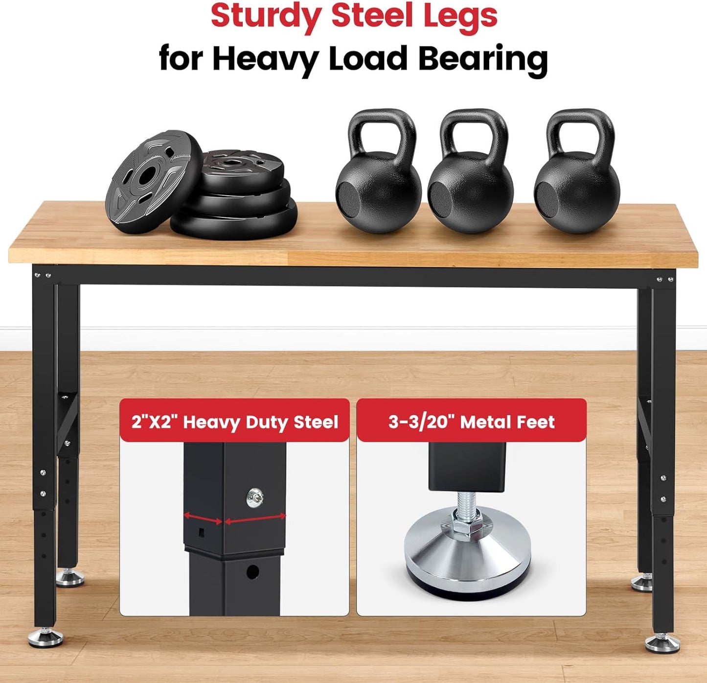 Work Bench for Garage Workbench Adjustable Height Work Table for Shop Woodworking, 60x 22 Heavy Duty Rubber Wood Top for Office, Home, Commercial