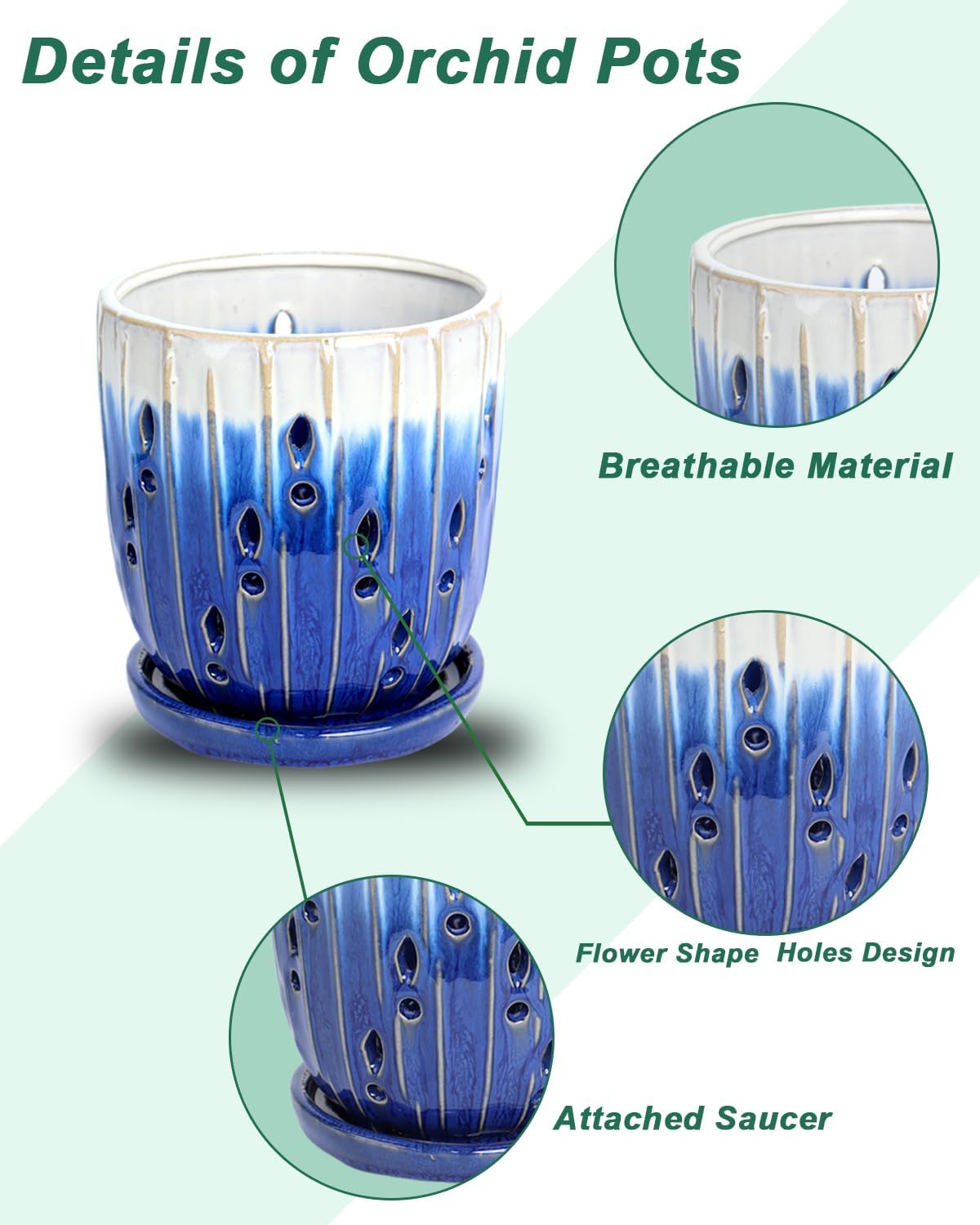 vensovo 6 Inch Ceramic Orchid Pot - Orchid Pot with Holes for Repotting, Ceramic Planter with Saucer for Indoor/Outdoor Plants, Blue