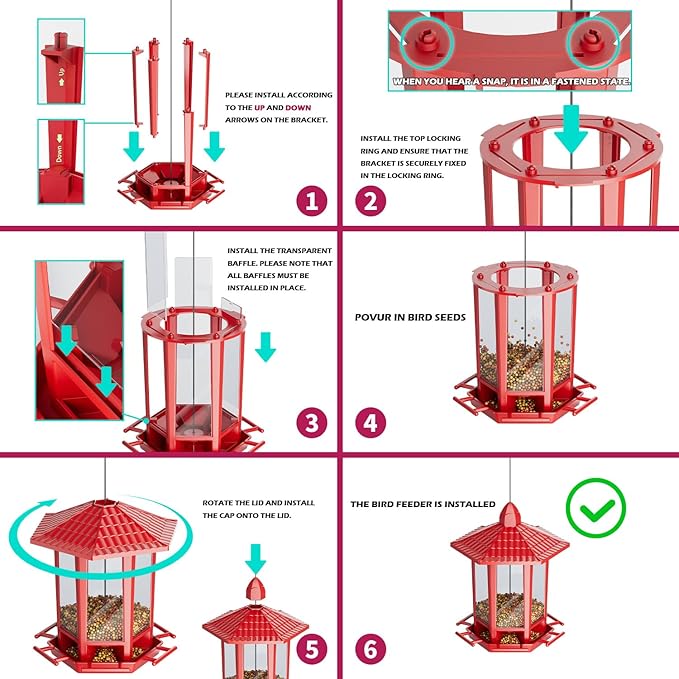 Birdream 2 Pack Bird Feeders for Outdoor Hanging, Retro Pagoda Design Fun Installation Bird Feeder, Attracting Wild Birds Chickadees Goldfinches Cardinals Finches and Sparrows - Red
