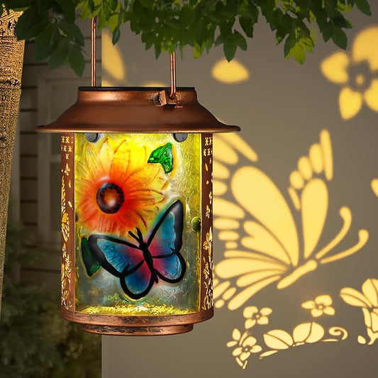 Butterfly Solar Lanterns Outdoor Waterproof, Birthday Gifts for Women Mom Grandma , Metal Garden Decor Hanging Solar Lights Outside Decorative for Yard Patio Backyard Porch Decorations(Sunflower)