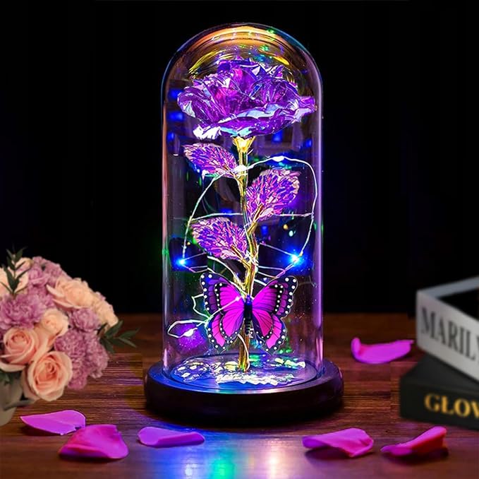 Valentines Day Gifts for Her,Valentines Day Rose Flowers Gifts for Mom Girlfriend Women Wife,Birthday Gifts for Women, Valentines for Her,Glass Flowers Light Up Rose Gifts for Mom,Purple Rose