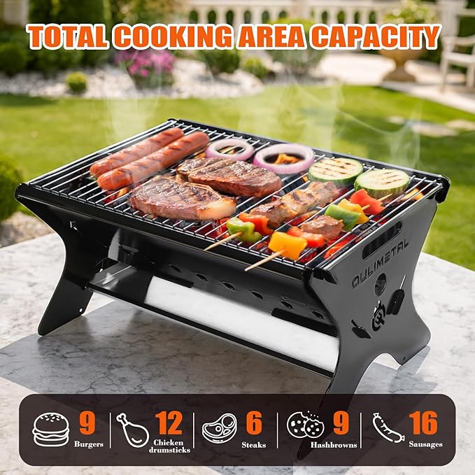 QuliMetal Upgraded 18 Inch Portable Charcoal Grill, Portable Fire Pit - Folding Campfire Grill, Heavy Duty Steel Cooking Grate with Storage Bag for Camping, Outdoor Cooking, Bonfire, Patio, Backyard