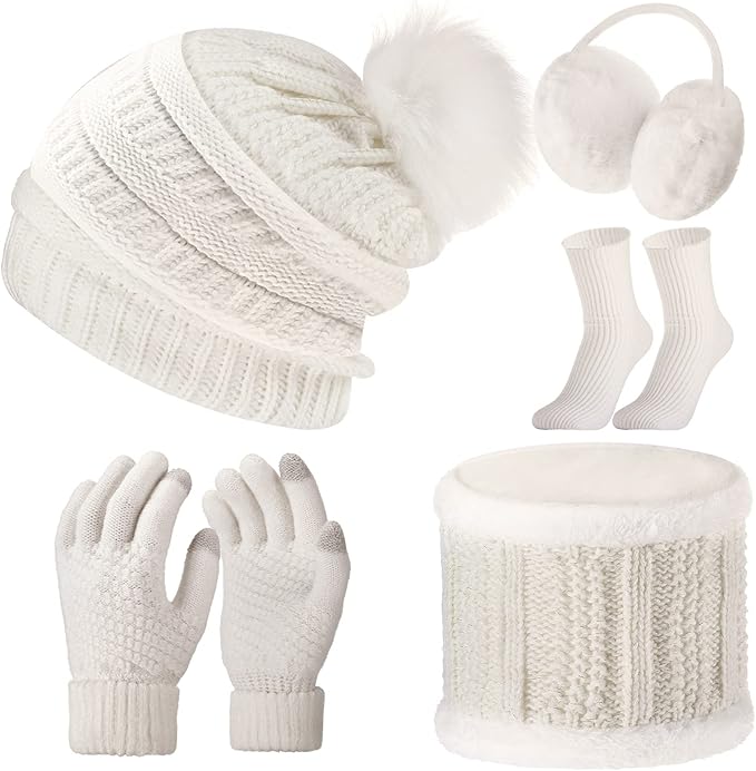 5 Pieces Women Winter Warm Set Knit Beanie Hat Scarf Touchscreen Gloves Earmuffs Stockings 5 in 1 Ski Outing Set for Gift