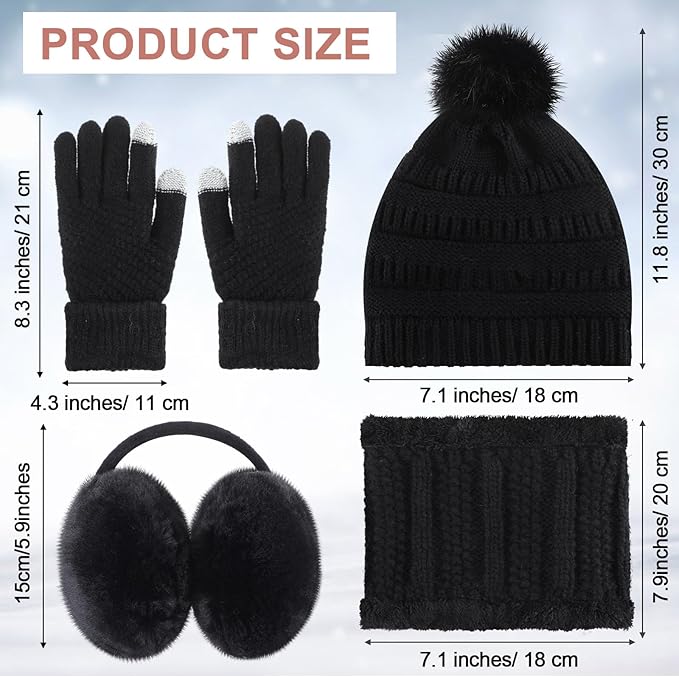 5 Pieces Women Winter Warm Set Knit Beanie Hat Scarf Touchscreen Gloves Earmuffs Stockings 5 in 1 Ski Outing Set for Gift