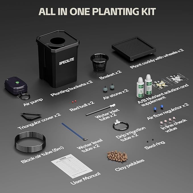 SPECILITE DWC Hydroponics Grow System with Top Drip Kit, 7 Gallon 2 Buckets Deep Water Culture Recirculating Drip Garden System with Plant Stand with Wheels, Air Pump, Air Stone, Air Hose