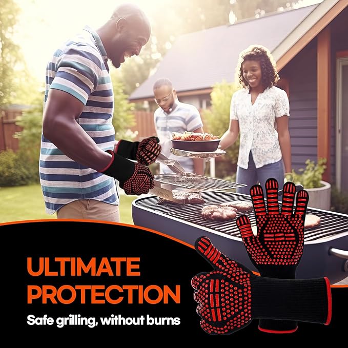 BBQ Gloves Heat and Flame Resistant Protection - Oven and Grill Gloves Hand Protection, Extended Wrist for Addtional Safety, Ideal for Outdoor Cooking, Grilling, Barbeque and Campfire (Red)