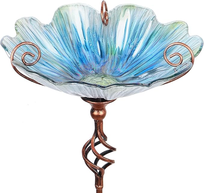 MUMTOP 31 Inch Height Glass Birdbath Birdfeeder with Metal Stake Garden Yard Outdoor Blue