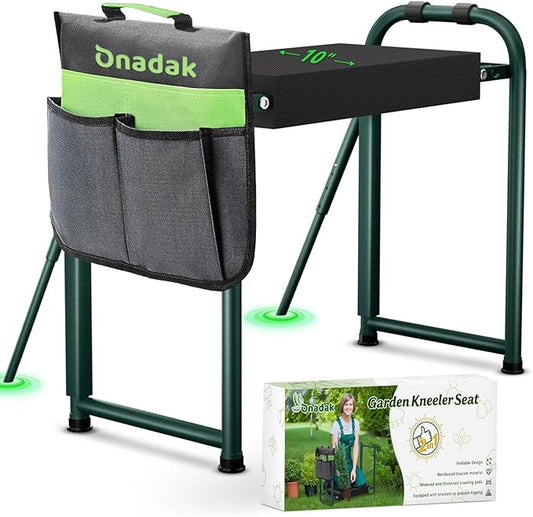 Heavy Duty Garden Kneeler and Seat for Elderly, 400lbs Capacity Foldable Gardening Stool with Support Legs & Thick Pad, Includes Large Tool Organizer Bag, Green