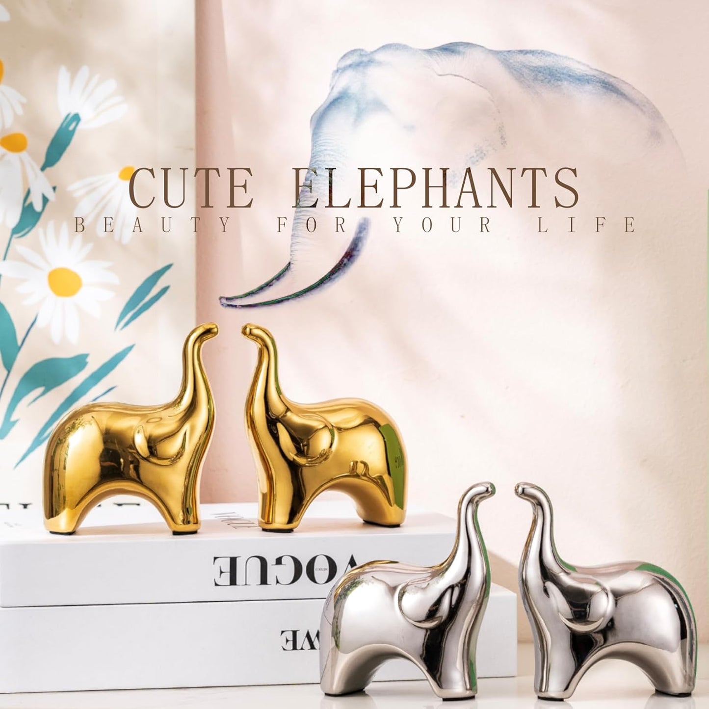 Loving Pair of Small Cute Gold Elephant Statues Gold Home Decor Modern Boho Style Figurine Decorative Ornaments for Living Room, Bedroom, Office Desktop, Cabinets, Shelf