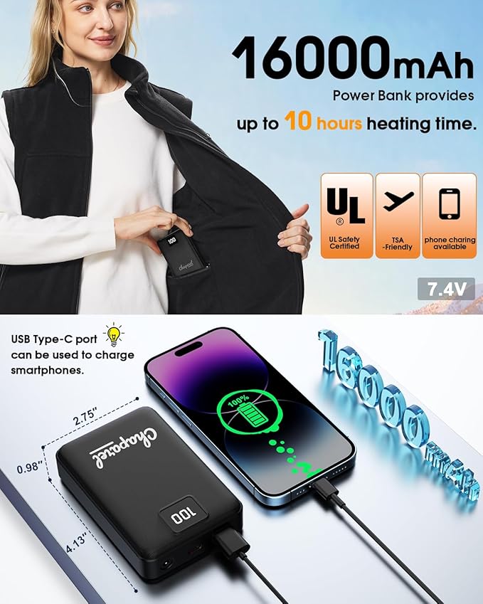 Heated Vest for Women with Battery Pack Included, 16000mAh 7.4V Rechargeable Heating Fleece Vest Jacket