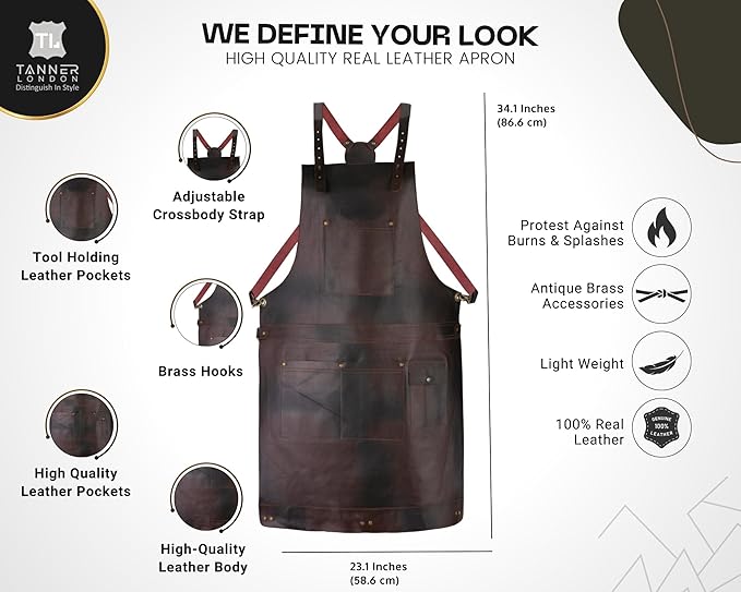 Premium Full Grain Leather Apron, Crossbody Bib Design, Dark Brown, Unisex